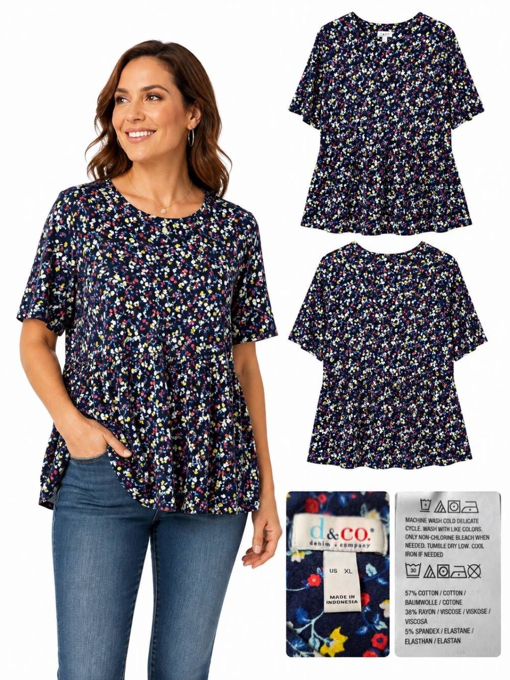 D&Co XL Navy Floral Babydoll Peplum Short Sleeve Top